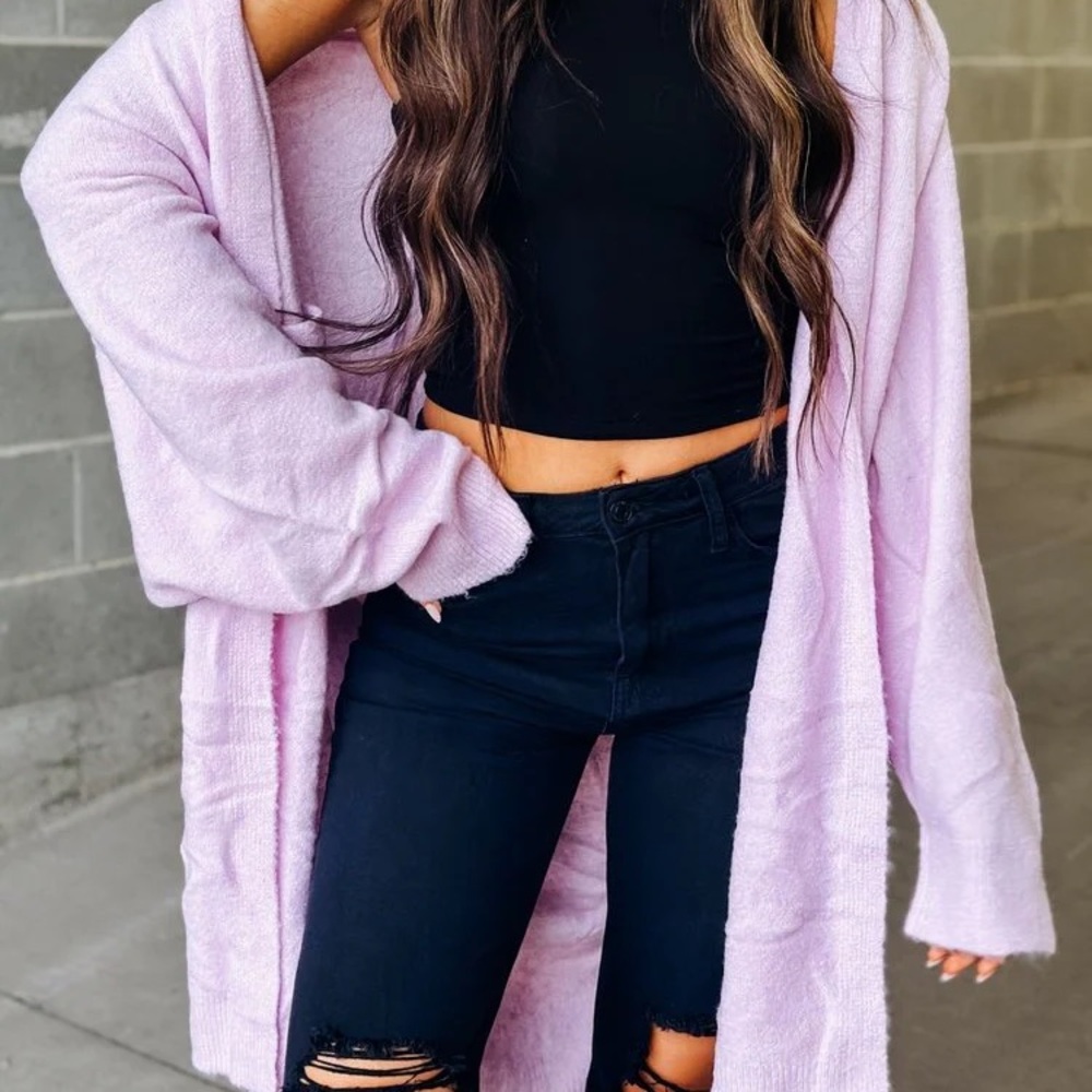 Lavender Pink Open-Front Cozy Cardigan Sweater for Women Drop Sleeves Pockets S